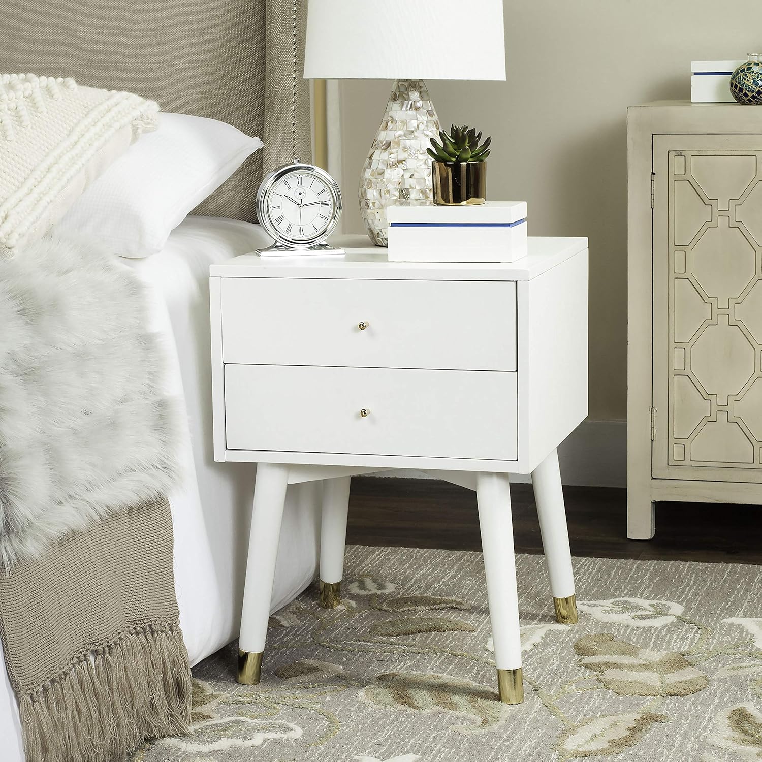 Safavieh Home Collection Lyla Mid Century Retro White and Gold Nightstand