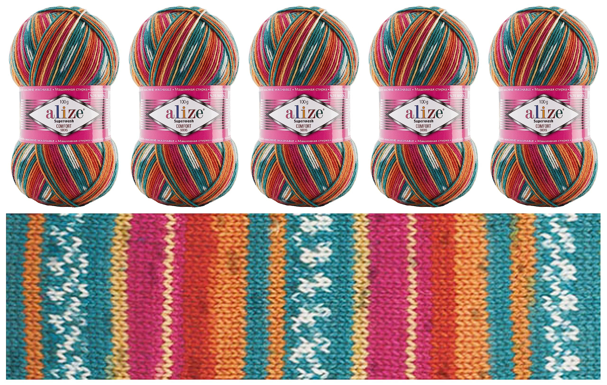 Alize Sock Yarn 5x100g Superwash Comfort Socks Wool 420 m Batik Self-Patterning Multicolour Yarn for Knitting and Crochet Sweater Vest Cardigan Blouse Scarve Hat Beanie Bootie Mitten Beret (7839)