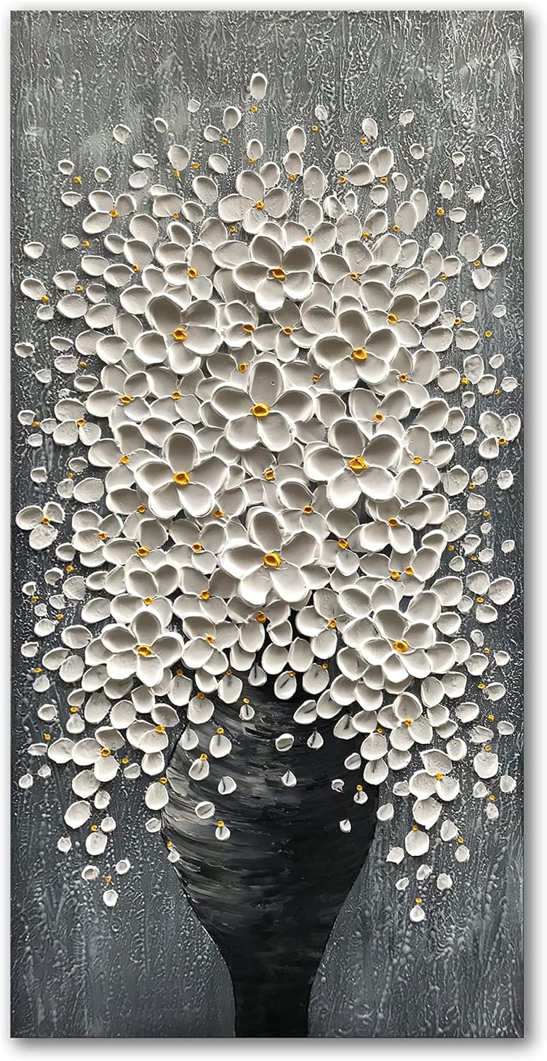 Paintings - Epicler 20x40 hand-painted painting for wall decoration, white bouquet in vase, home wall decoration.