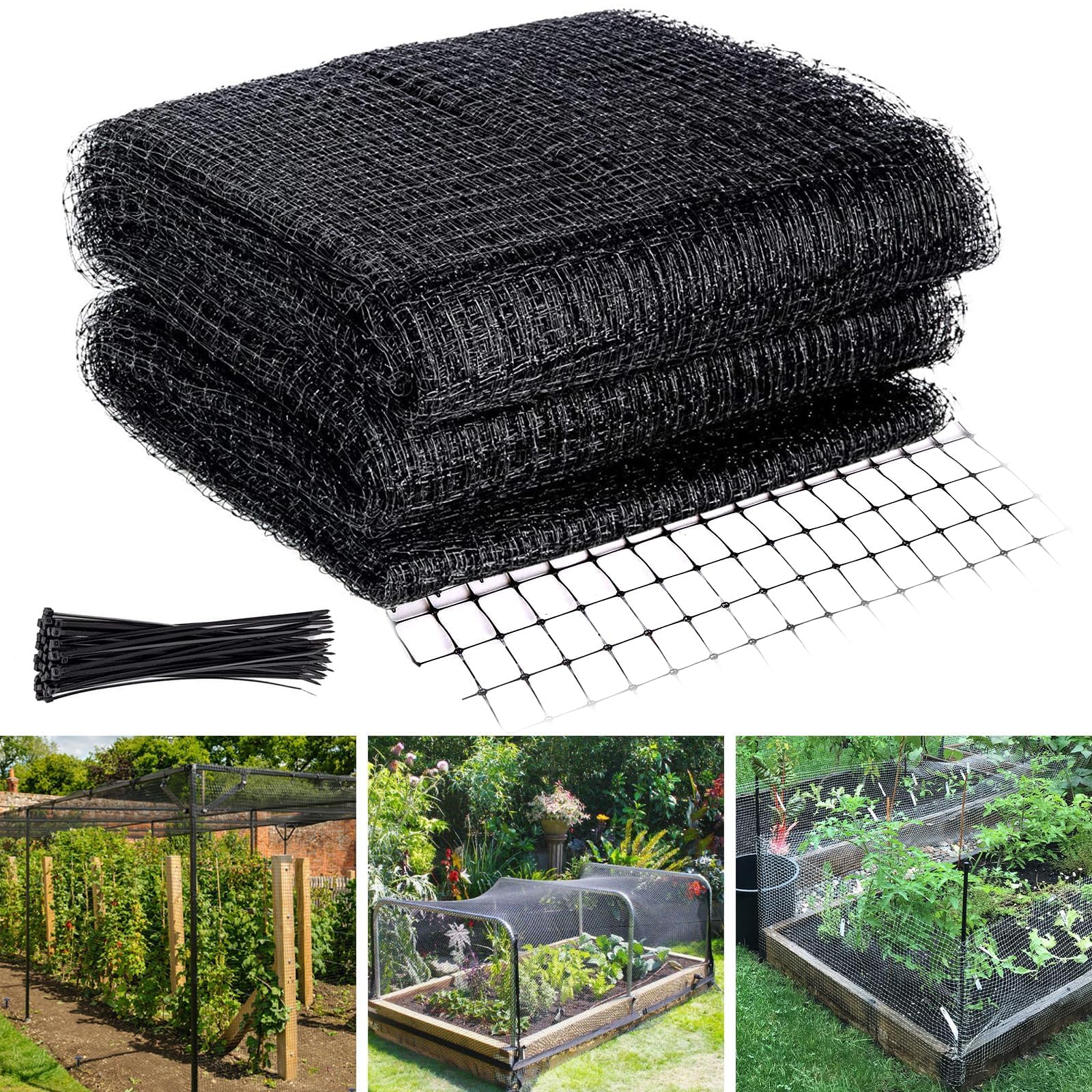 WEXFFU Black Garden Netting, 2.1x30M Bird Netting for Garden, 15*15mm Mesh Anti Bird Netting with 50PCS Cable Ties, Reusable Bird Net for Protecting Vegetables Fruits Flower Against Bird Animals Pests