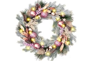 DECOR BY HANNAH Decorbyhannah Collapsible Christmas Wreath, 24 inch Christmas Wreaths for Front Door with Lights, Artificia Reef Indoor Outdoor Decorations Pinecone Ornaments for Table Window (Pink & Gold)