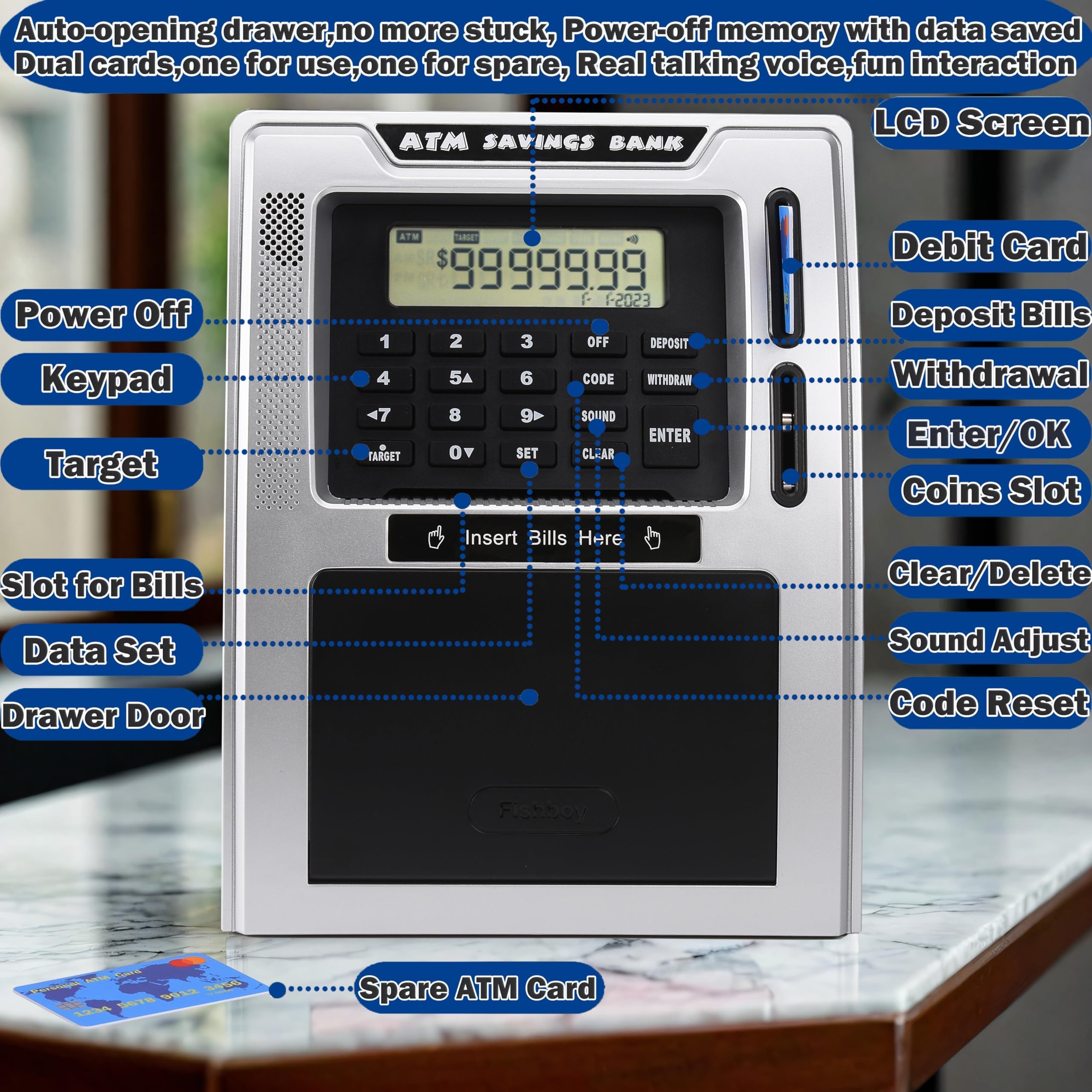 Fishboy Talking ATM Piggy Bank for Kids with Dual Debit Cards, Power-Off Memory, Auto-Opening Drawer for Real Money for Boys, Onekey Shutdown, Bill Feeder, Coin Recognition, Balance Calculator Machine