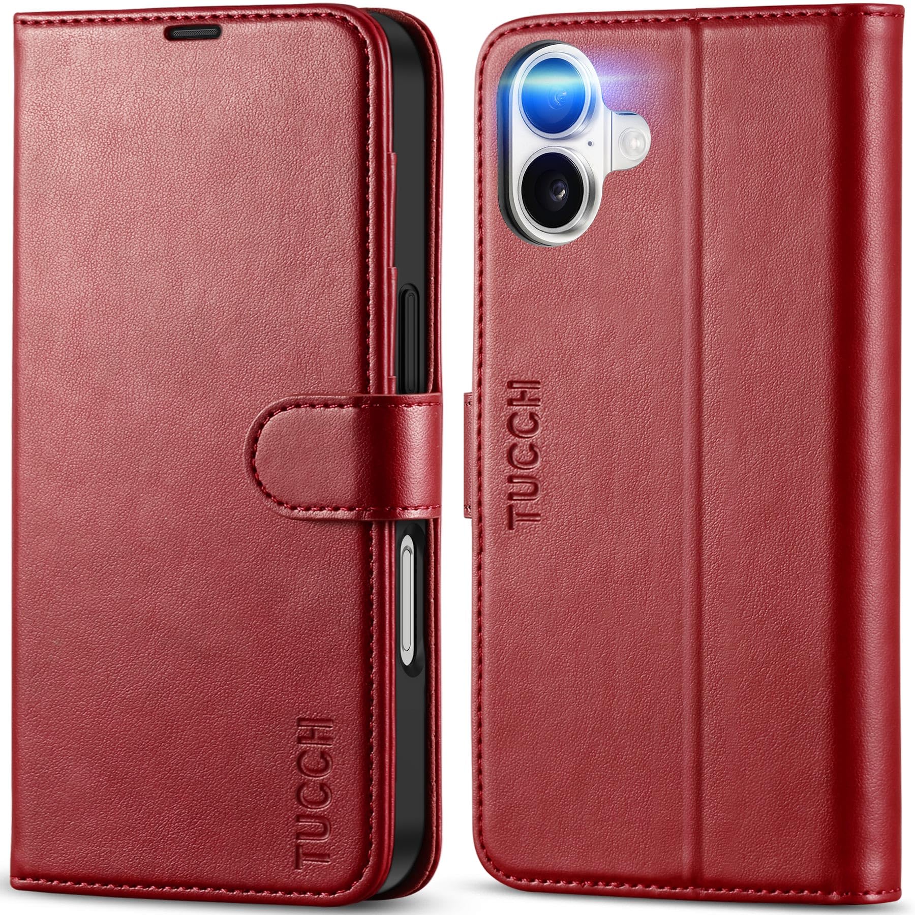 TUCCH Wallet Case for iPhone 16 (6.1") 2024, Magnetic Shockproof PU Leather Foldable Case with[RFID Blocking]Credit Card Slot, Stand Book TPU Flip Folio Phone Cover Compatible with iPhone16, Dark Red
