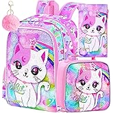 KLFVB 3PCS Unicorn Mermaid Backpack for Girls, 16" Sequin Kids Bookbag and Lunch Box, Preschool Backpacks for Elementary