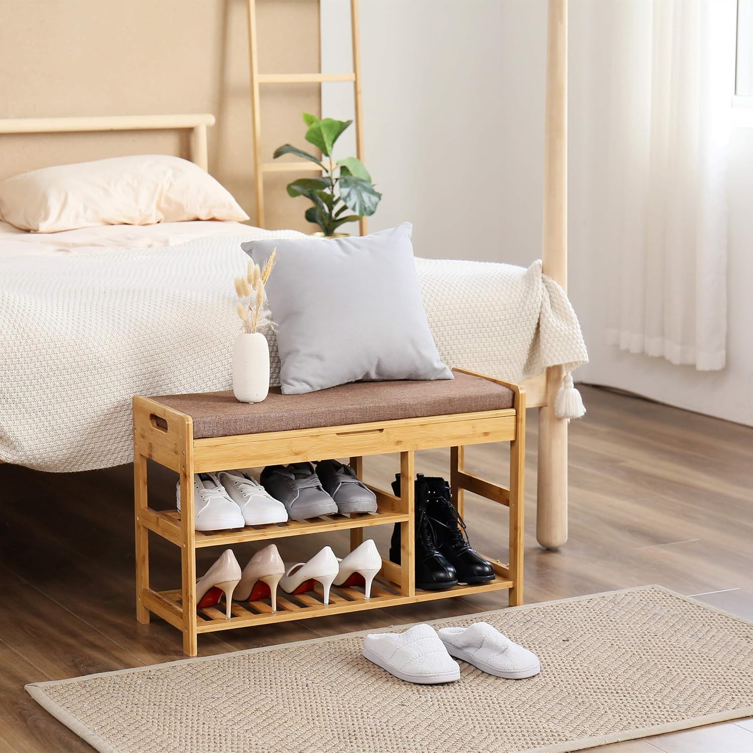 C&AHOME Shoe Rack Bench, Entryway 3-Tier Shoe Organizer, Max Load 270 LBS, Bamboo Storage Shelf with Cushion for Boots, Modern Stool for Bedroom Living Room, 31.5" L x 11.6" W x 19.3" H Natural: Kitchen & Dining