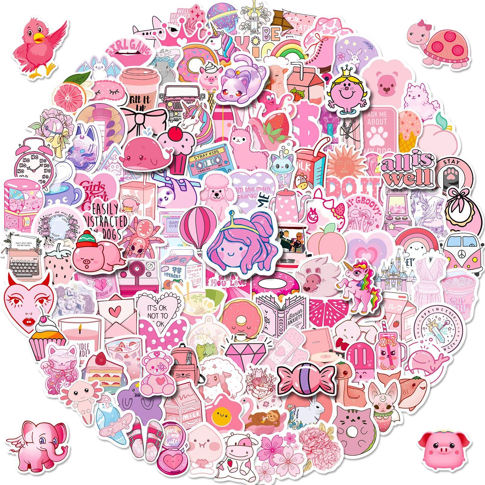 200 Pink Stickers for Kids, Vinyl Waterproof VSCO Funny Purple Stickers for Water Bottles, Notebooks, Cell Phones, Stationery Boxes Warm and Cute Sticker Pack for Children Teenage Girls Adults