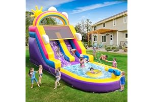 HXDOGSP Inflatable Water Slide Commercial Grade: 21FT(L) Water Bounce House for Adults and Kids - Big Pool, Premium PVC, Rainbow Style, Wet & Dry, 950W Blower - for Backyard Outdoor Birthday Party