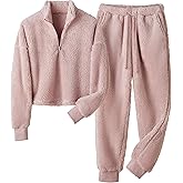 GTLIAE Fluffy Pajamas Sets for Women 2 Piece Fuzzy Half Zip Loungewear Elastic Waist Joggers Warm Jammies