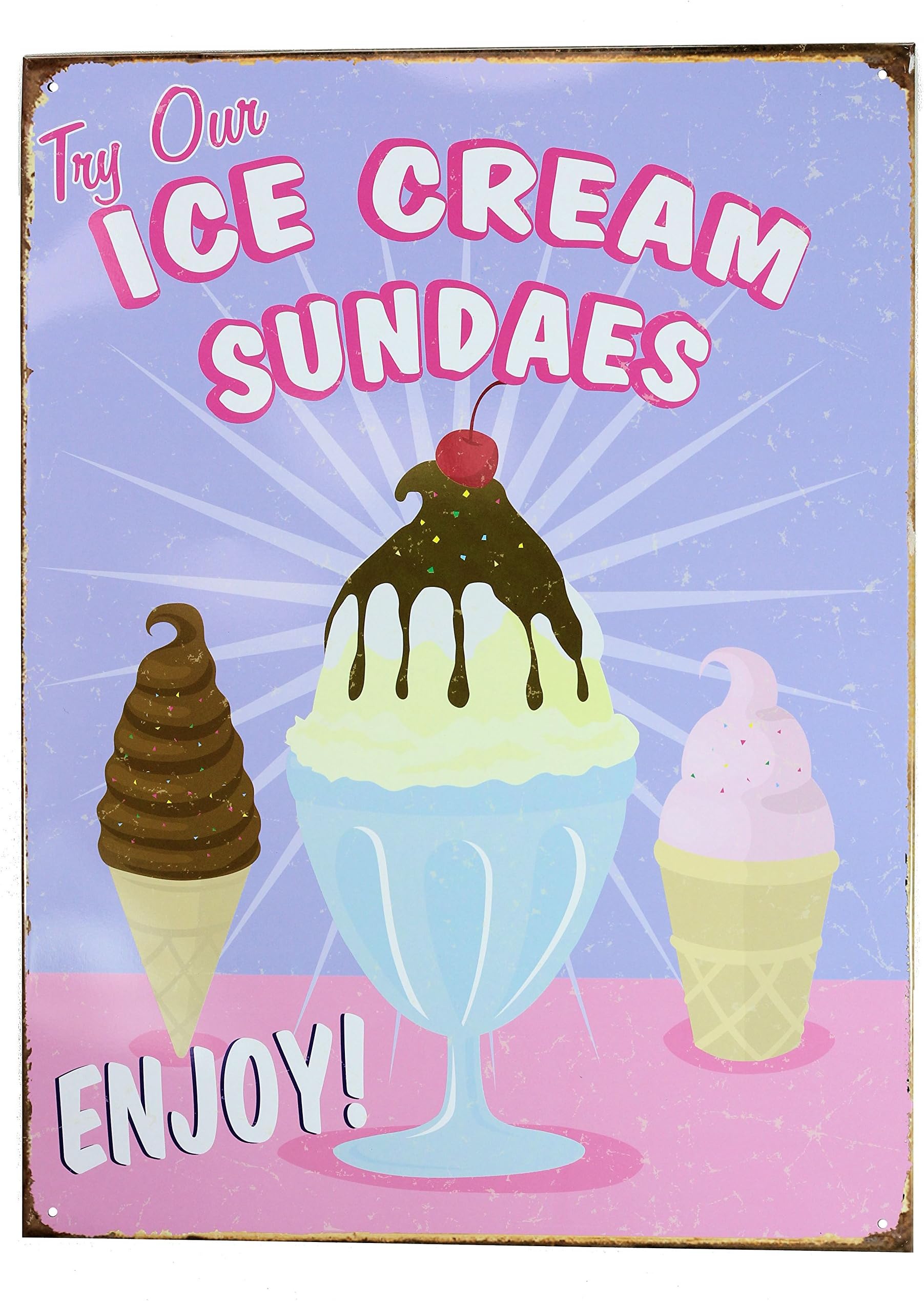 Retro Wall Art Tin Sign Plaque 30cm x 40cm - Ice Cream Sundaes - Enjoy