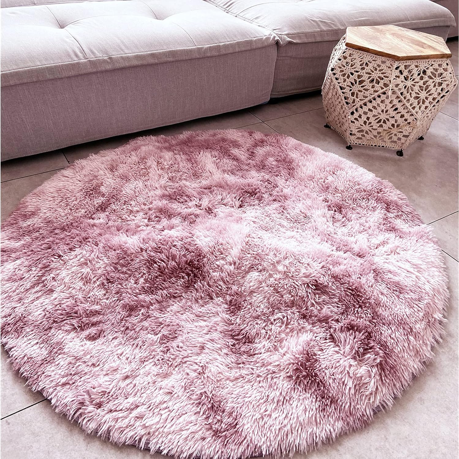Faux Fur Rug,Area Rug Ultra Soft Gradient tie-Dyed Rugs for Living Room,Small Rug for Home Decor Living Room Decor Bedroom for Girls Boys Teen Room Decor Nursery Decor,Round 4 ft,Pink-Purple,1 pcs.