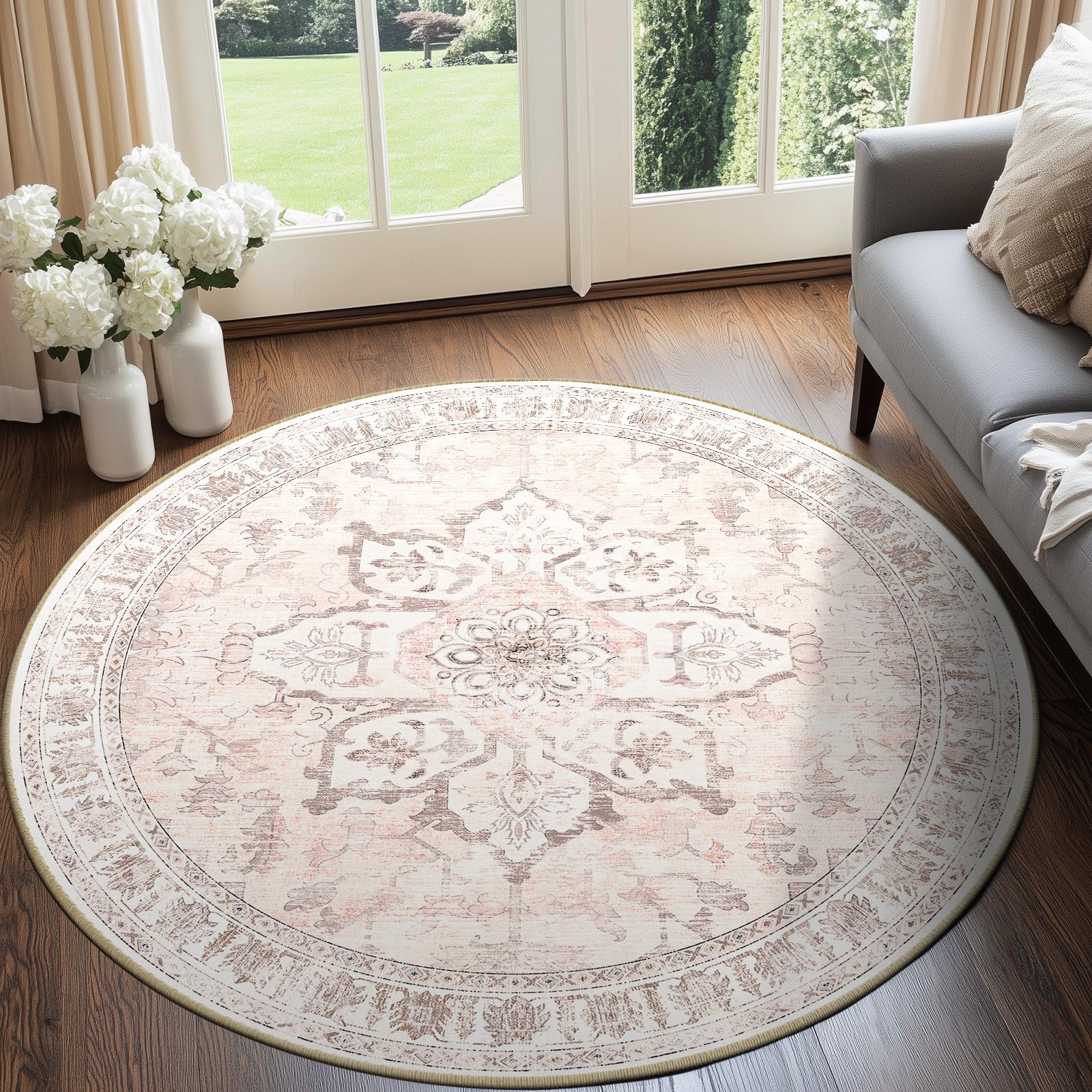 Photo 1 of BESTSWEETIE 6ft Area Rug Washable Rugs for Living Room, No Pile Boho Carpet for Entryway Bedroom Dinning Room, Vintage Carpet Print Distressed Non-Slip, 72" Round, Pink Beige Grey