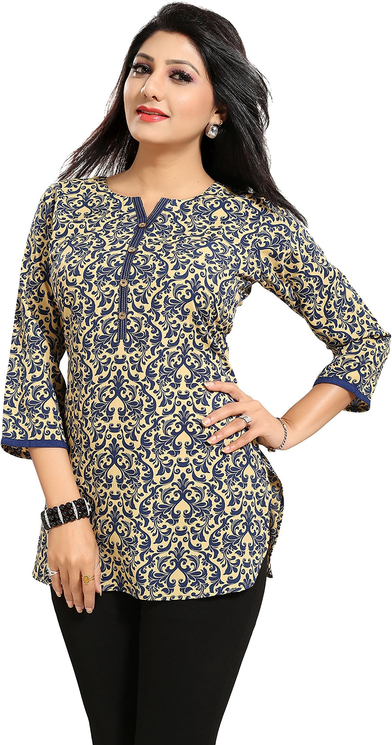 Dragaon Navy Blue Intricate Celebration Short Printed Poly Crepe Tunic for Women