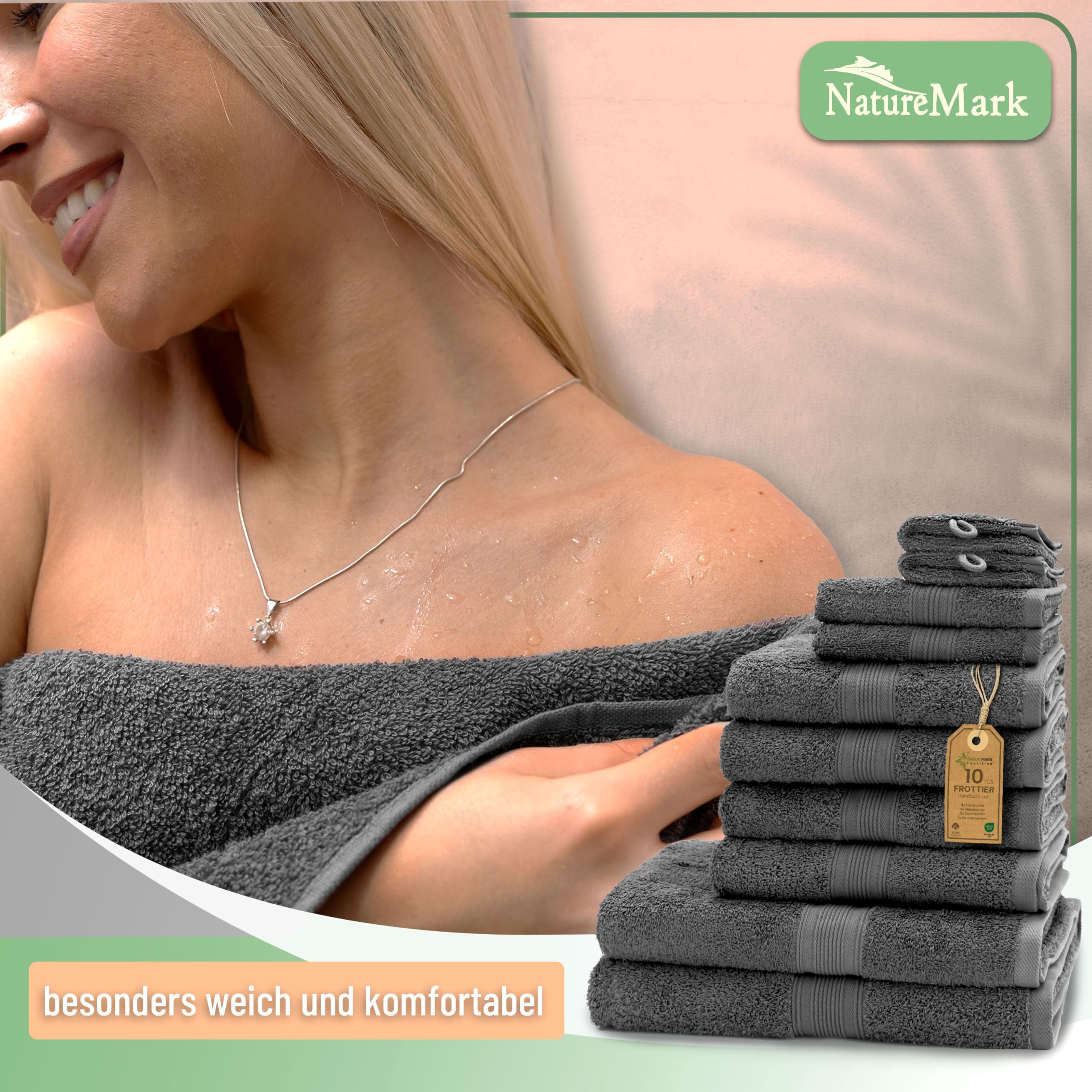 Green Mark Handtuch-Set mit 10 Teilen – 100% Baumwolle – 4 Handtücher 50 × 100 cm, 2 große Duschtücher 70 × 140 cm, 2 Gästetücher 30 × 50 cm und 2 Waschhandschuhe – Anthrazitgrau 7