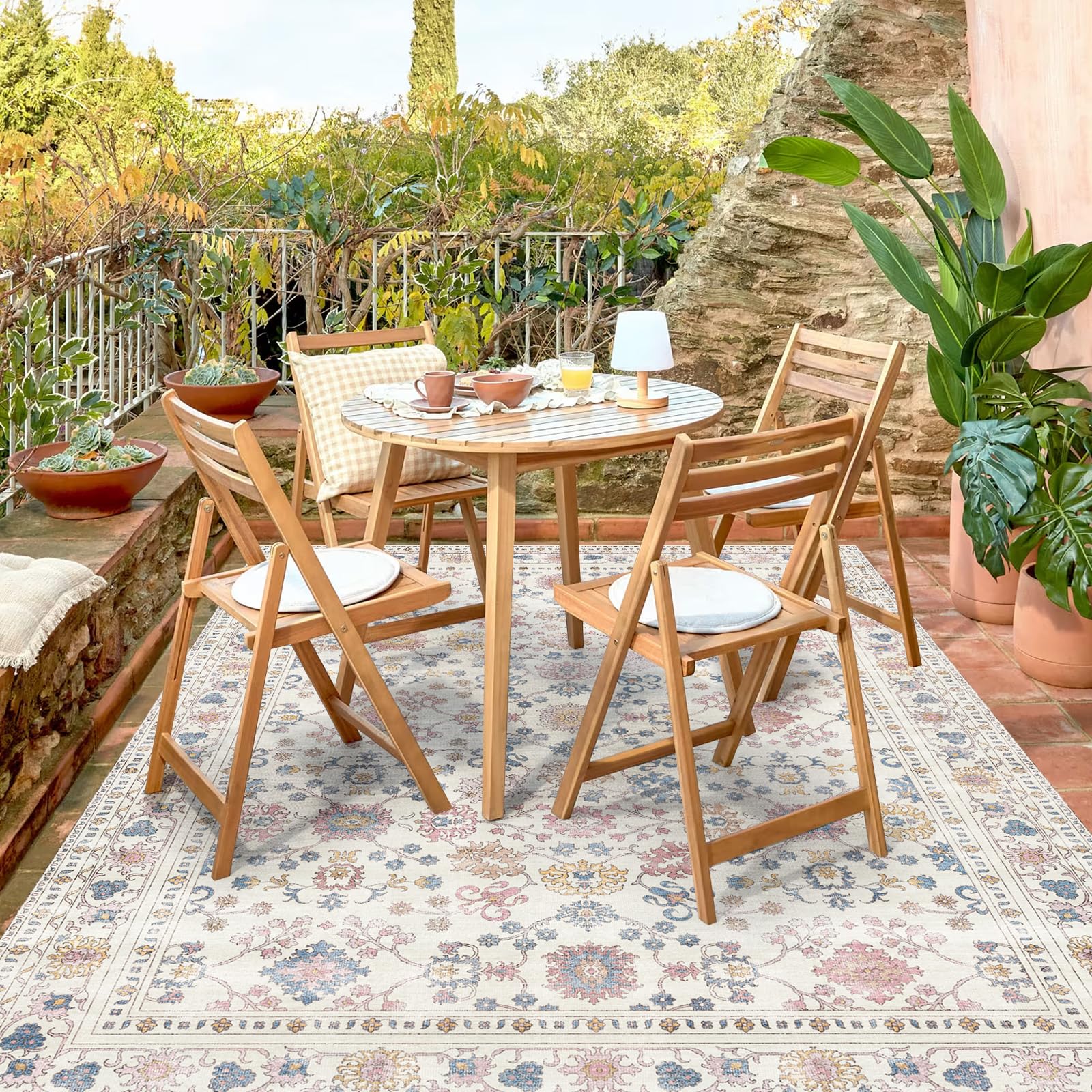 Photo 1 of 6.5x10 Durable Vinyl Rugs for Living Room, Vintage Floral Pattern for Dining Room, Bedroom, Home Office, Bobo Beige Non-Slip Large Rugs for Indoor&Outdoor RV, Deck, Backyard, Balcony,Modern Home Decor