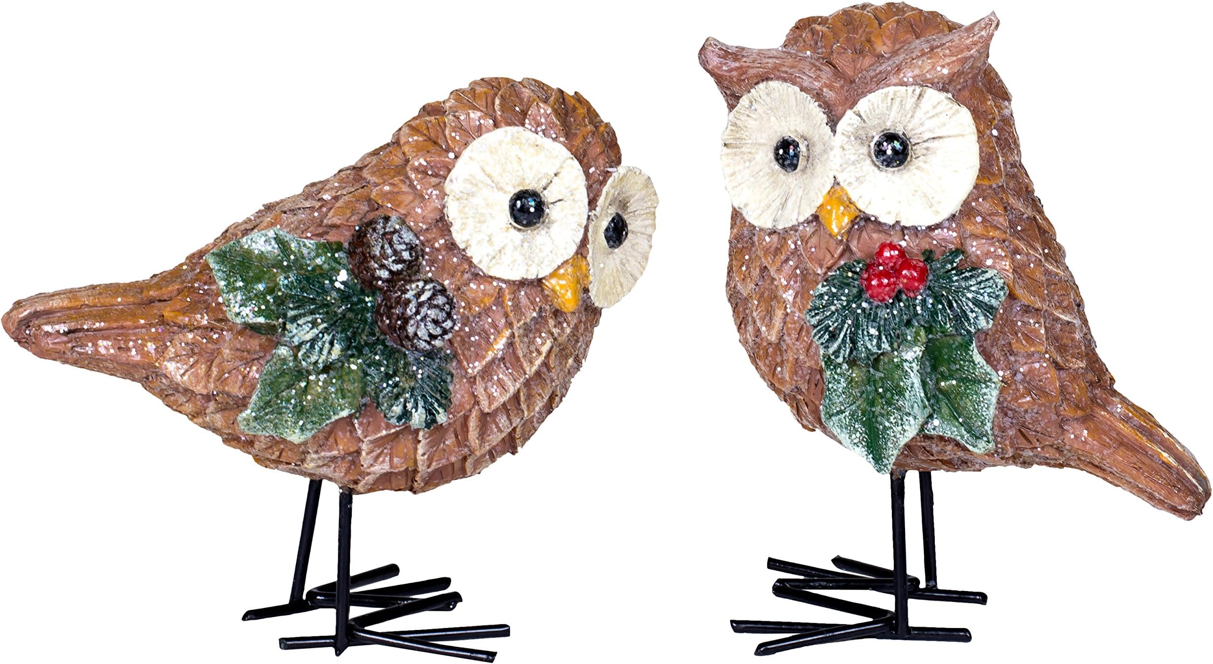 Holly Berry Pinecone Owls 4 x 5 Inch Resin Tabletop Christmas Figurines Set of 2