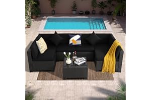 LOUVIXA 7 Piece Outdoor Patio Furniture Set, Outdoor Sectional Furniture, Rattan Chairs Glass Table Wicker Conversation Seating Sectional Sofa with Cushions (A-Black-Black, A-Straight Back)