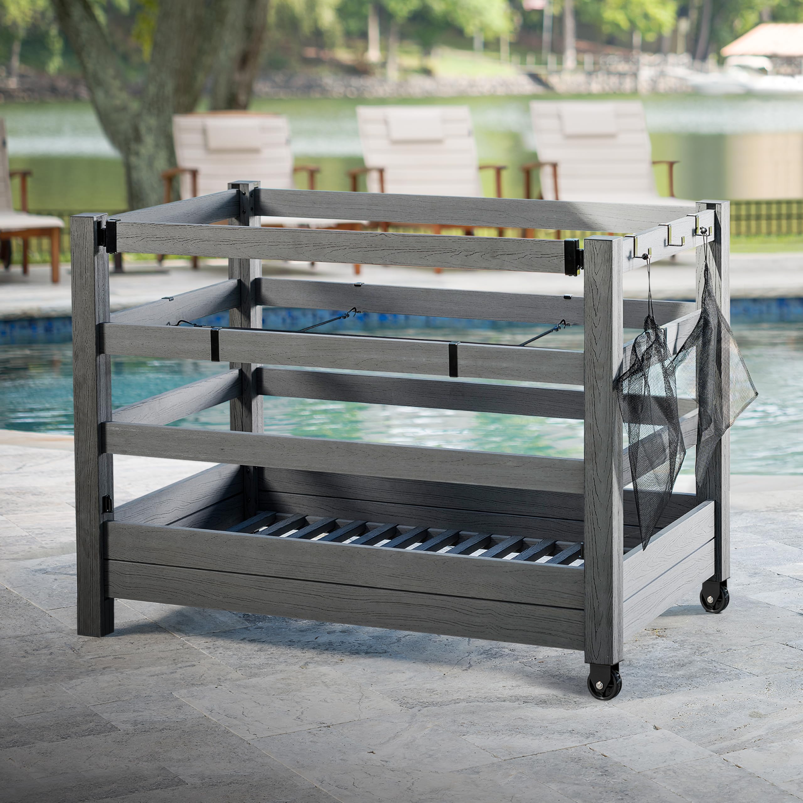 Pool Raft Racks 3.4ft H x 4.6ft W x 2.8ft L WoodTek Poolside Organizer and Pool Float ...
