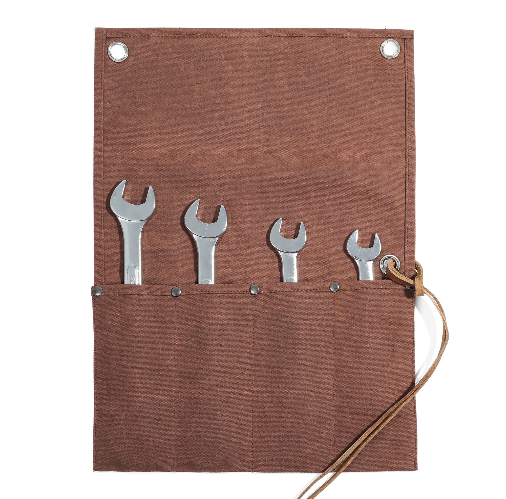 Waxed Canvas Wrench/Tool Roll Pouch with 4 Pockets, Multi-Purpose Tool Roll Up Bag (Brown)