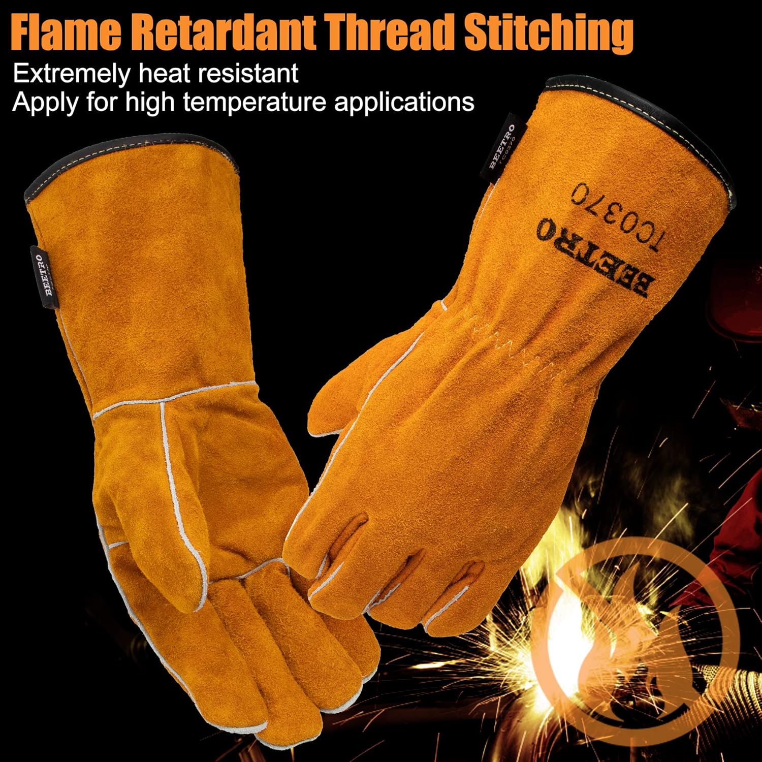 BEETRO Welding Gloves, Cow Leather Forge/Mig/Stick Welder Heat/Fire Resistant, Mitts for Oven/Grill/Fireplace/Furnace/Stove/Pot Holder/Tig Welder/Wood Burner/BBQ/Animal handling glove with Soft Lining, 1 Pair: Home Improvement