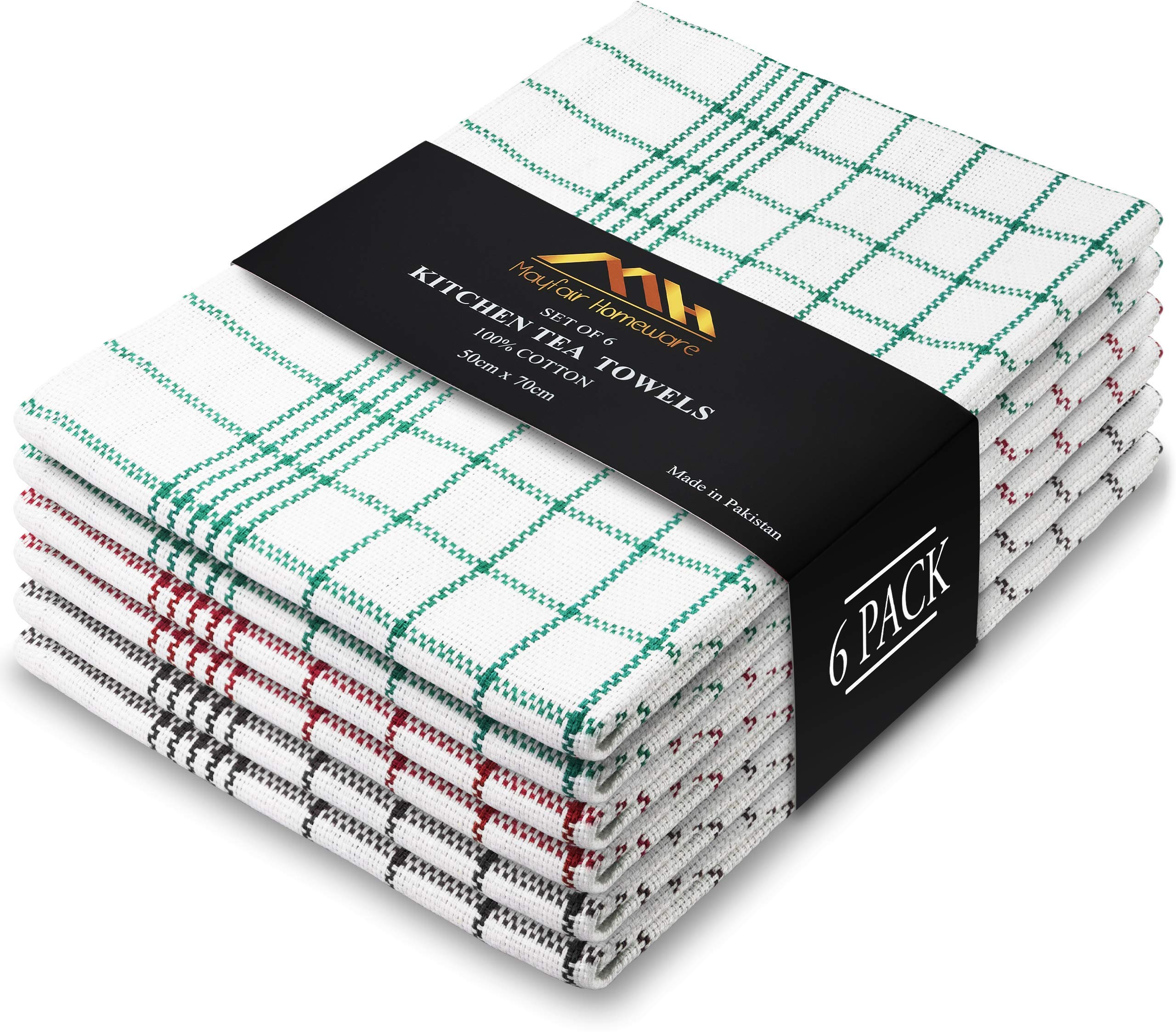 Mayfair Homeware Tea Towels Pack of 6 Pure Cotton Dish Cloths Super Absorbent and Fast Drying Kitchen Tea Towel 50x70 cm Tea Towels for Kitchen Set of Lint Free Cloth 2 Red, 2 Green, 2 Black