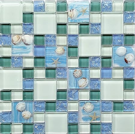 Hominter 11 Sheets Blue Ice Crack Glass Tile White And Teal