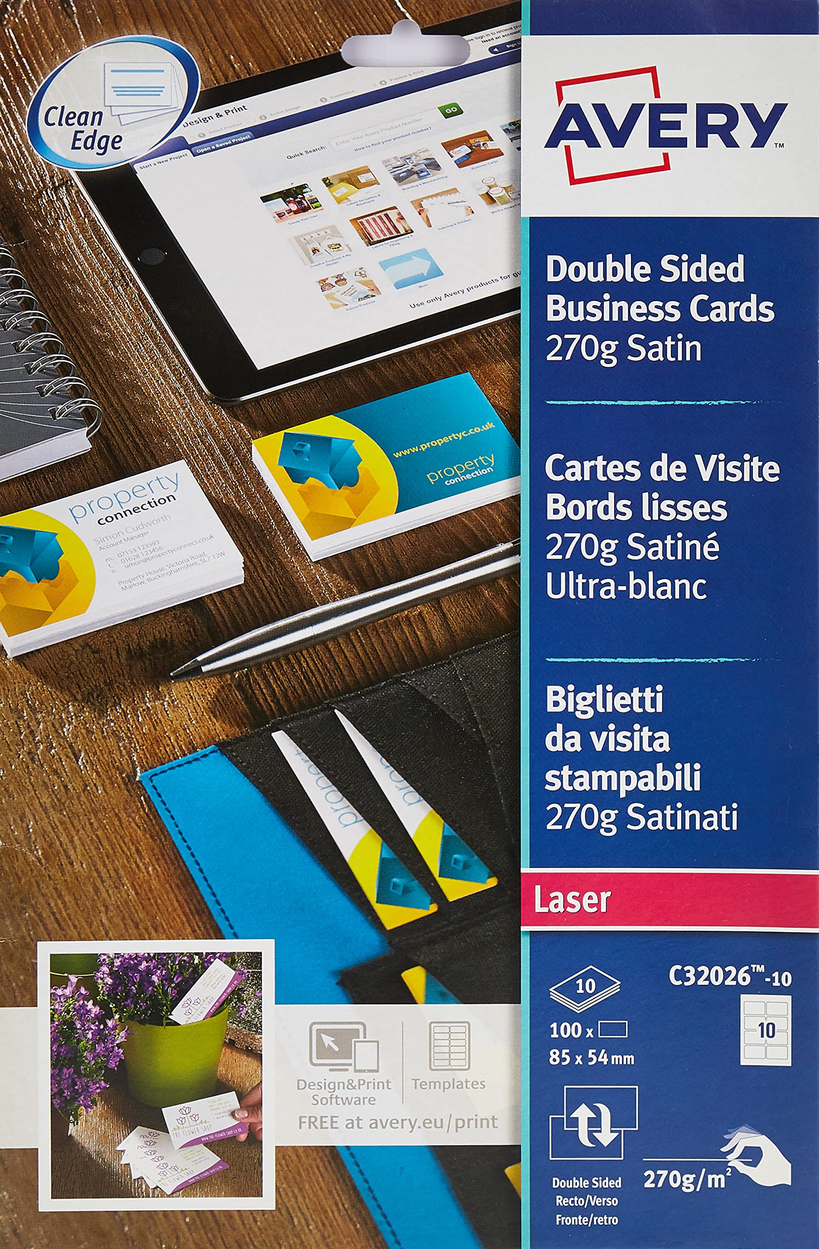 Avery C32026-10 Double Side Printable Business Cards with Satin Finish, 270 gsm for Laser Printers (85 x 54mm Cards, 10 Cards per A4 Sheet, 10 Sheets per Pack) - Bright White