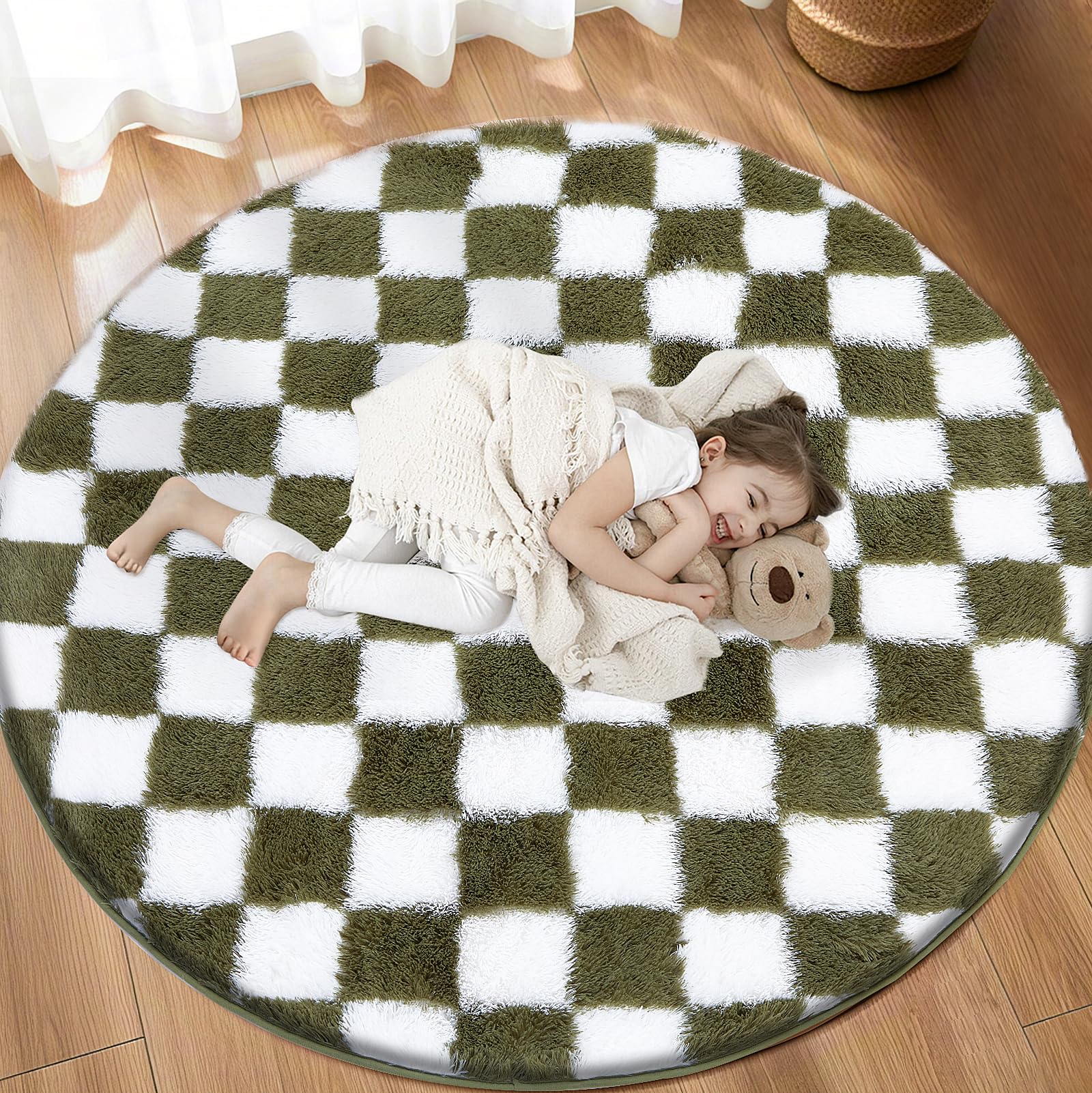 Photo 1 of TOOHUB Super Soft Rug, Round Rug for Bedroom, 4X4 Ft Green and White Checkered Round Rug Non-Slip High Pile Cute Soft Fluffy Rug for Living Room Bedroom Kids Room