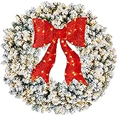 Best Choice Products 36in Large Flocked Artificial Pre-Lit Fir Christmas Wreath Holiday Accent Decoration for Door, Mantel w/Red Lighted Bow, 150 LED Lights, 300 PVC Tips, Power Plug-in