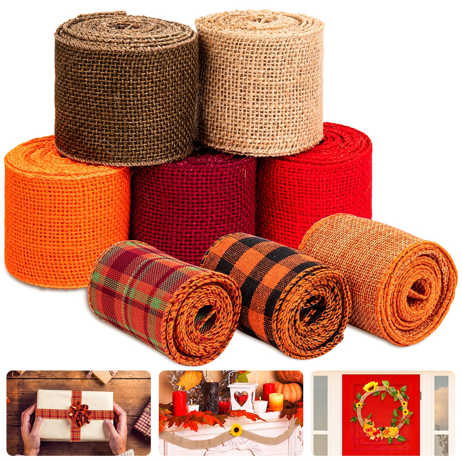 Whaline 8 Burlap Ribbon Roll - Assorted Fall Wired Wrapping, Rustic Plaid Red Orange Brown Nature Craft for Gift Wrapping, Thanksgiving, Christmas, Wedding, Autumn Harvest Wreath Decor, 26 Yard
