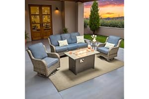 ovios 5 Pieces Patio Furniture Set, Outdoor Wicker Sofa Couch with Swivel Chairs 42" Fire Pit Table, High Back All Weather Modern Conversation Sets, Grey Rattan, Denim Blue