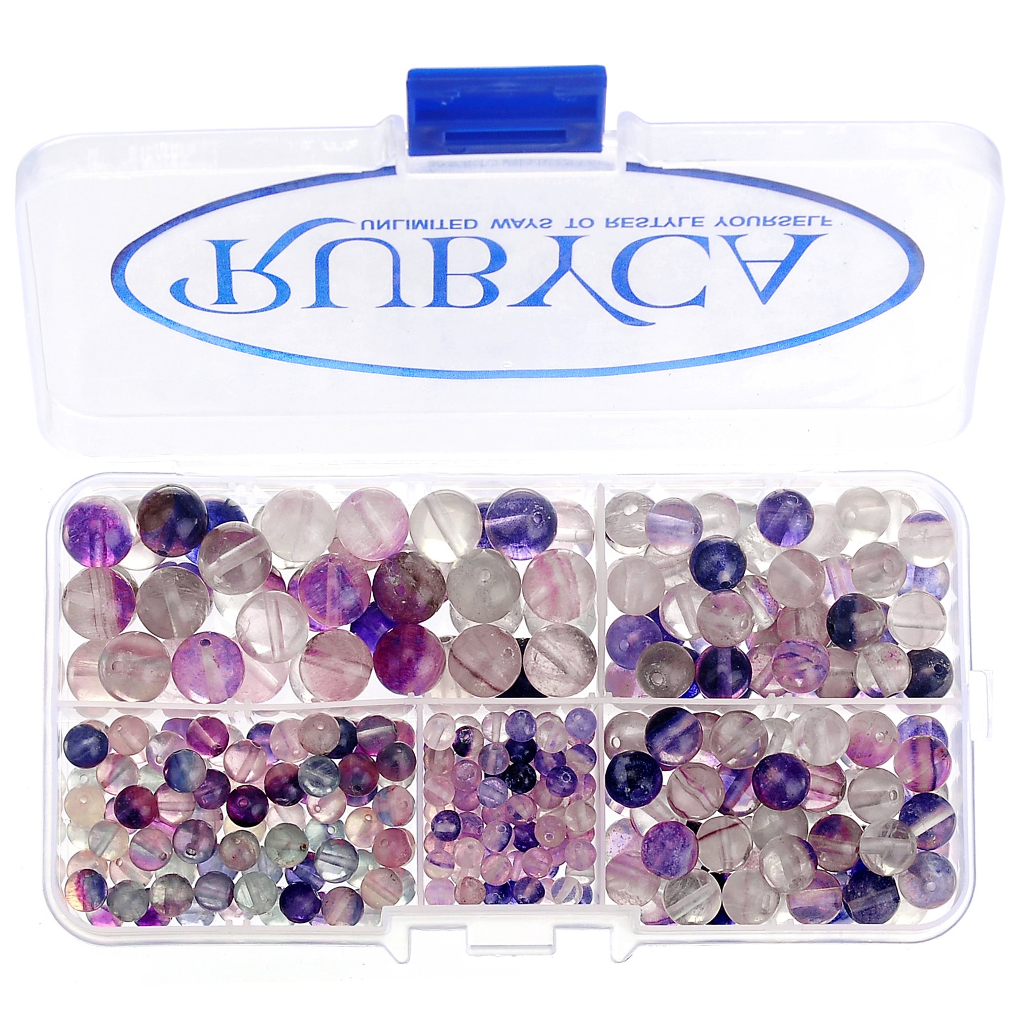 RUBYCA Natural Fluorite Gemstone Round Loose Bead Organizer Plastic Box Jewelry Making Mix Sizes