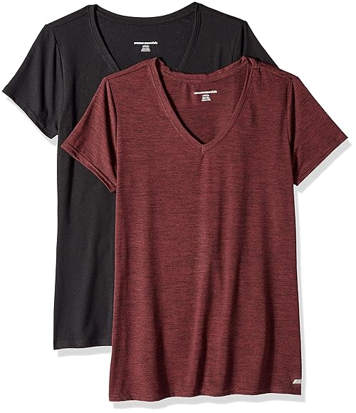 Amazon Essentials Women's Active Quick Dry Tech Stretch Short-Sleeve V-Neck T-Shirt (Available in Plus Size), Pack of 2, Black/Burgundy Space Dye, X-Large