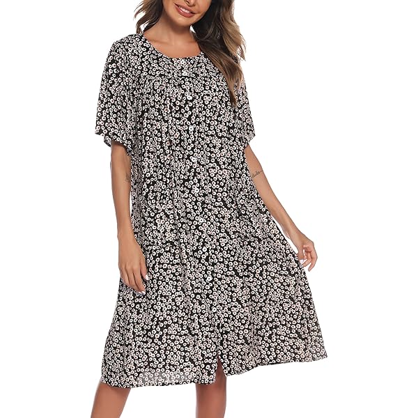 cotton button down house dress Ekouaer Cotton House Dress with Pockets Black / L