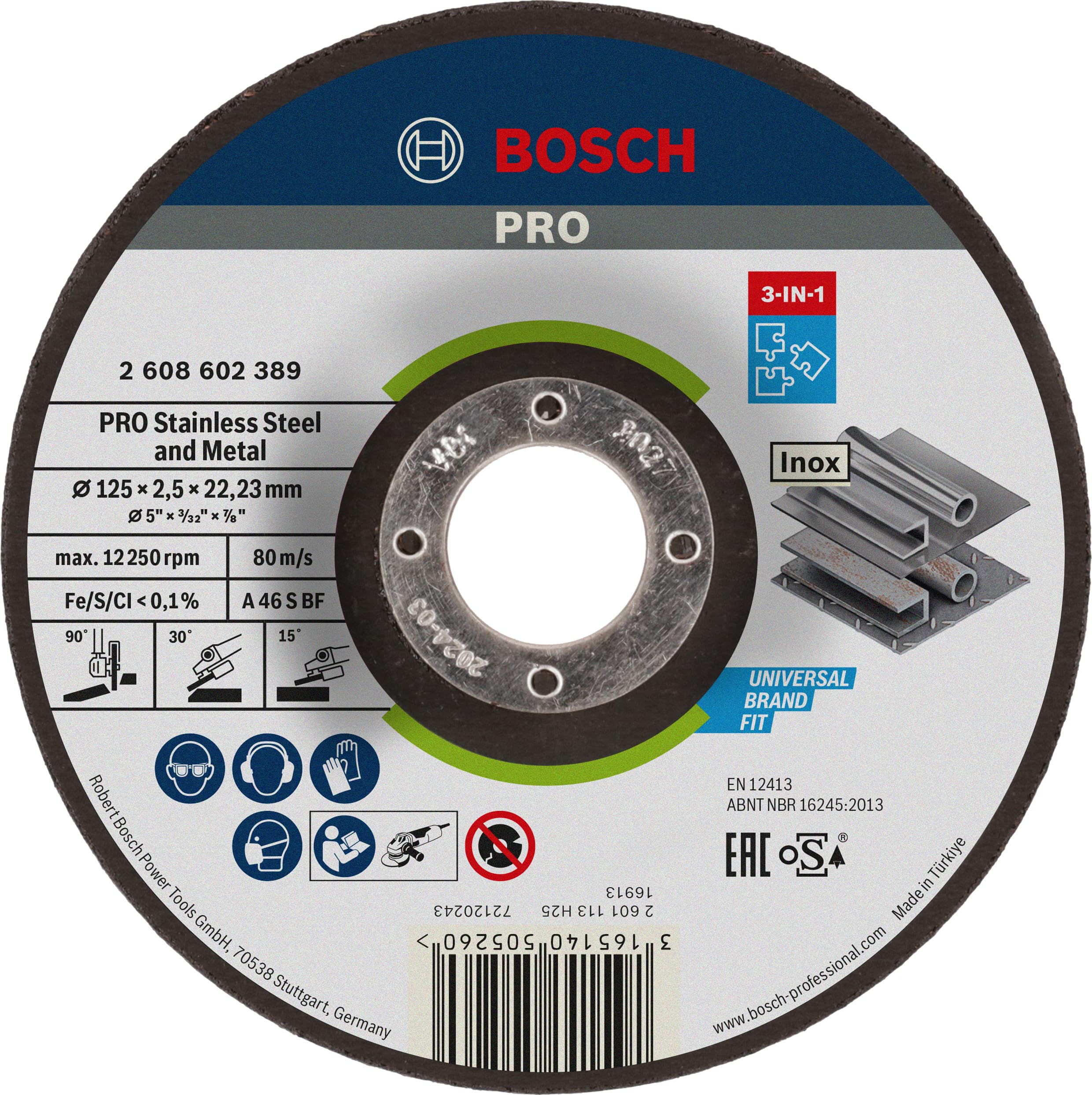 Bosch 1x PRO Stainless Steel and Metal 3-in-1 Disc for Small Angle Grinder and Bore 22.23 mm (for Steel, Stainless steel, Ø 125 mm, Professional Accessory Small Angle Grinder)