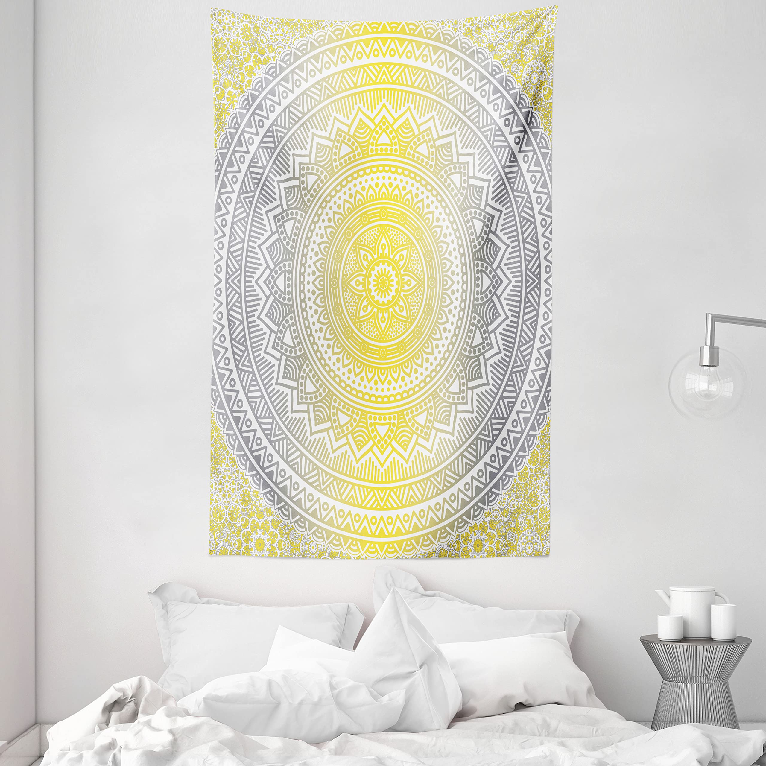 ABAKUHAUS Grey and Yellow Tapestry, Soft Pastel Color Ombre Mandala Circular Art Medallion Print, Fabric Wall Hanging Decor for Bedroom Living Room Dorm, 54 W X 90 L, Grey Yellow