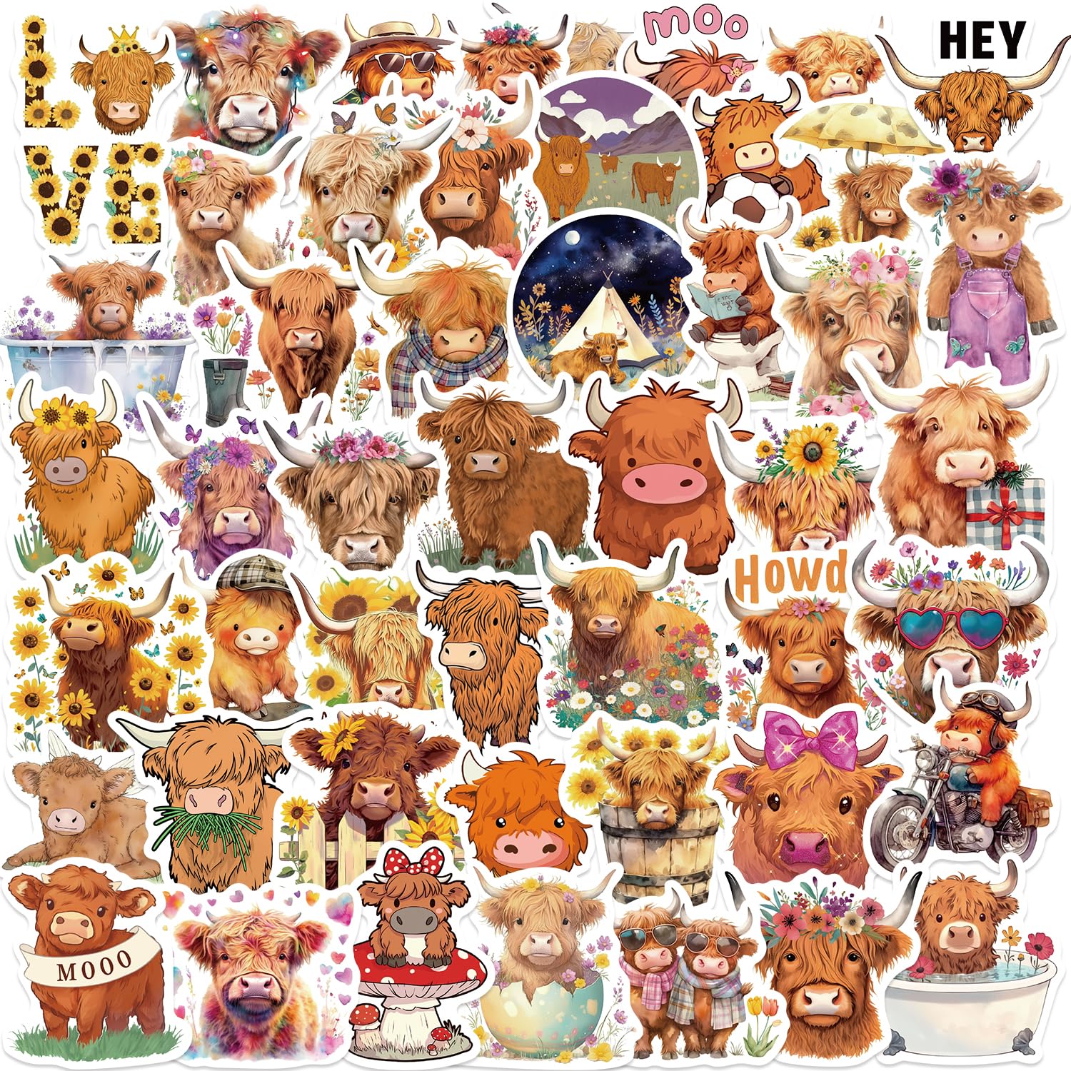 50PCS Highland Cow Stickers Cute Cartoon Animal Stickers Vinyl Waterproof Decal for Laptop Stickers for Water Bottles Kids Gifts for Teen Adult
