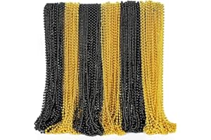 EOBOH 144PCS New Years Eve Bead Necklace, Black Gold Bead Necklace Party Supplies, 33" New Years Eve Necklaces Costume Set, Festival Parade Throw for Mardi Gras New Years Celebrations Decorations
