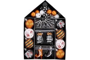 Valery Madelyn Halloween Ornaments Tree Decorations Indoor, 40ct Variety Shatterproof Scary Skeletons Owl Bats Decorative Hanging Ball Ornaments Set for Small Tree, Spooky Holiday Party Home Decor