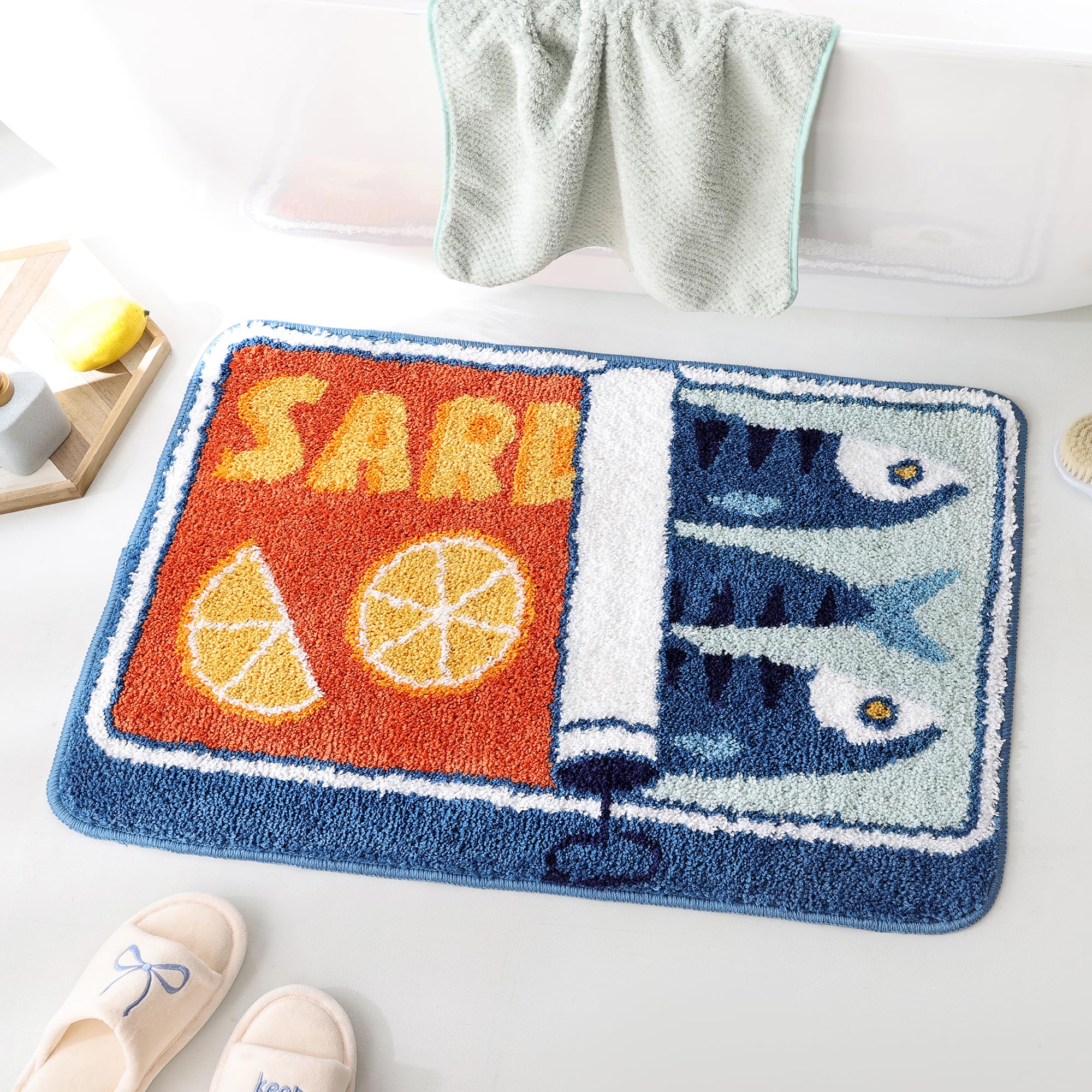 Photo 1 of TRUEDAYS Sardine Can Bath Mat, Blue Bathroom Rugs for Bedroom, Soft Washable Rug Non Slip Cute Kitchen Bath Mats for Bathroom Funny Cartoon Fish and Lemon