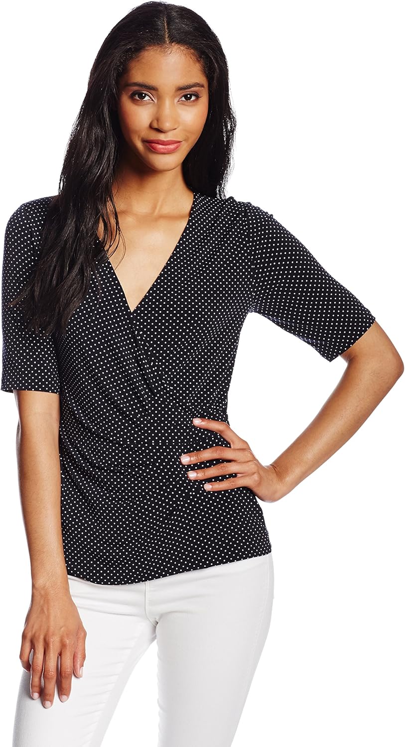 Jones New York Women's Short Sleeve Wrap Top, Navy/White, XSmall at