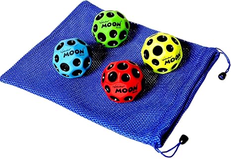 Waboba MOON Extreme Bounce Bundle of 4 Balls _ in 4 Neon Colors _ BONUS Soft Nylon Net Drawstring 9 x 12' Royal Blue Carry Bag