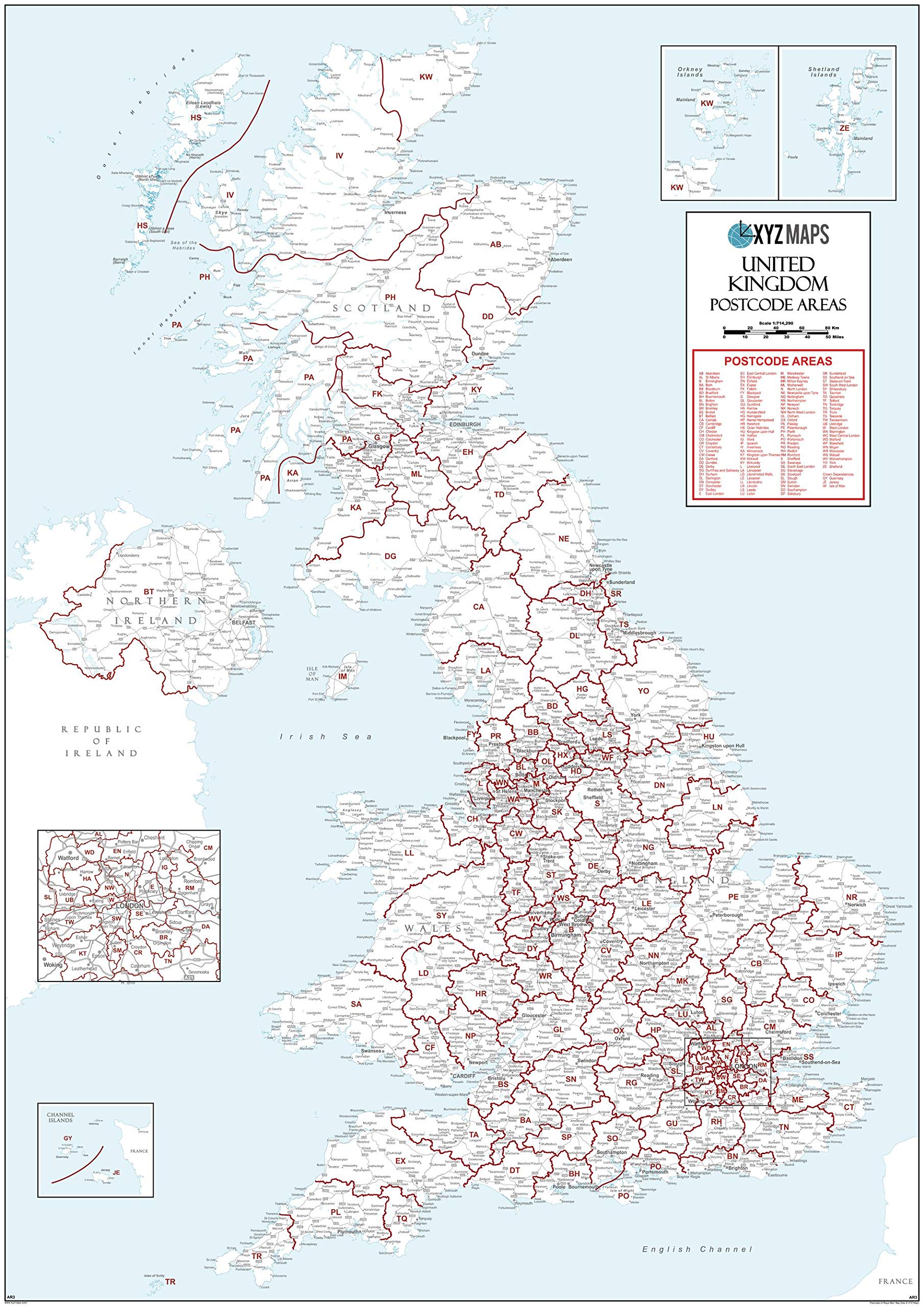 UK White Postcode Areas Large Wall Map (AR3) - 39.5" x 55.75" Laminated