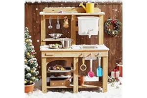 Tiny Land Outdoor Mud Kitchen for Kids, Wooden Play Kitchen with Water Tank, Water & Cooking Play, Sensory Fun, Weather-Resistant with Storage, Ideal for Toddlers Ages 3+