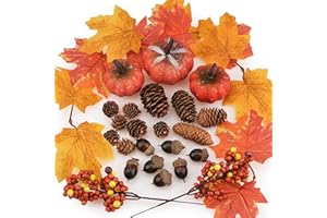 Meiwlong 29 Pcs Artificial Pumpkins Decor Set,Fall Home Decorations Including Mini Pumpkins,Maple Leaves,Acorns,Pine Cones,Berries for Home Fall Halloween Thanksgiving Pumpkin Table Decor