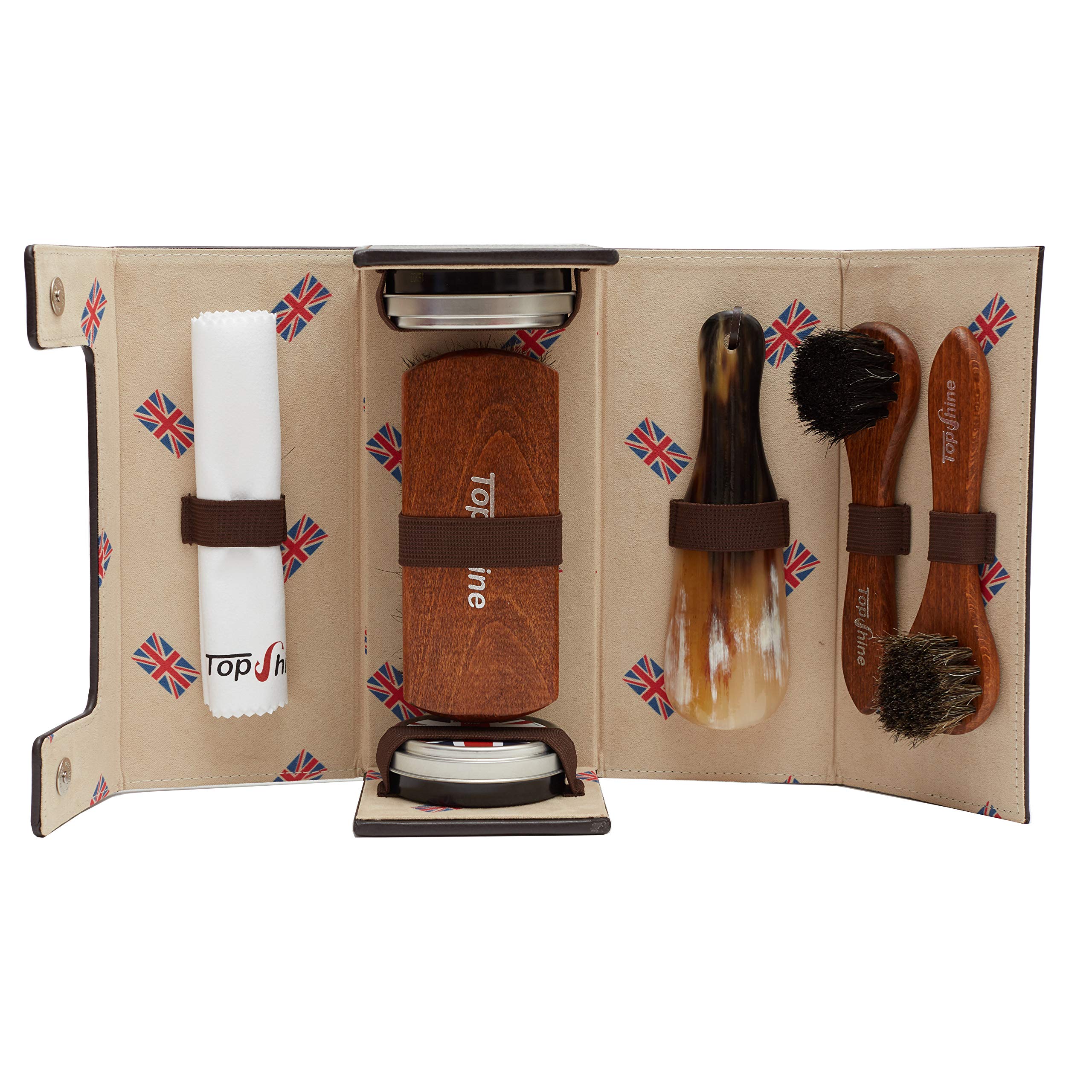 TOPSHINE Professional Shoe Shine Kit – Shoe Polish Kit – Contains Shoe Brush Set, Polishing Cloth, Shoe Horn & Beeswax Shoe Polish – With Vintage Look PU Leather Carry Case