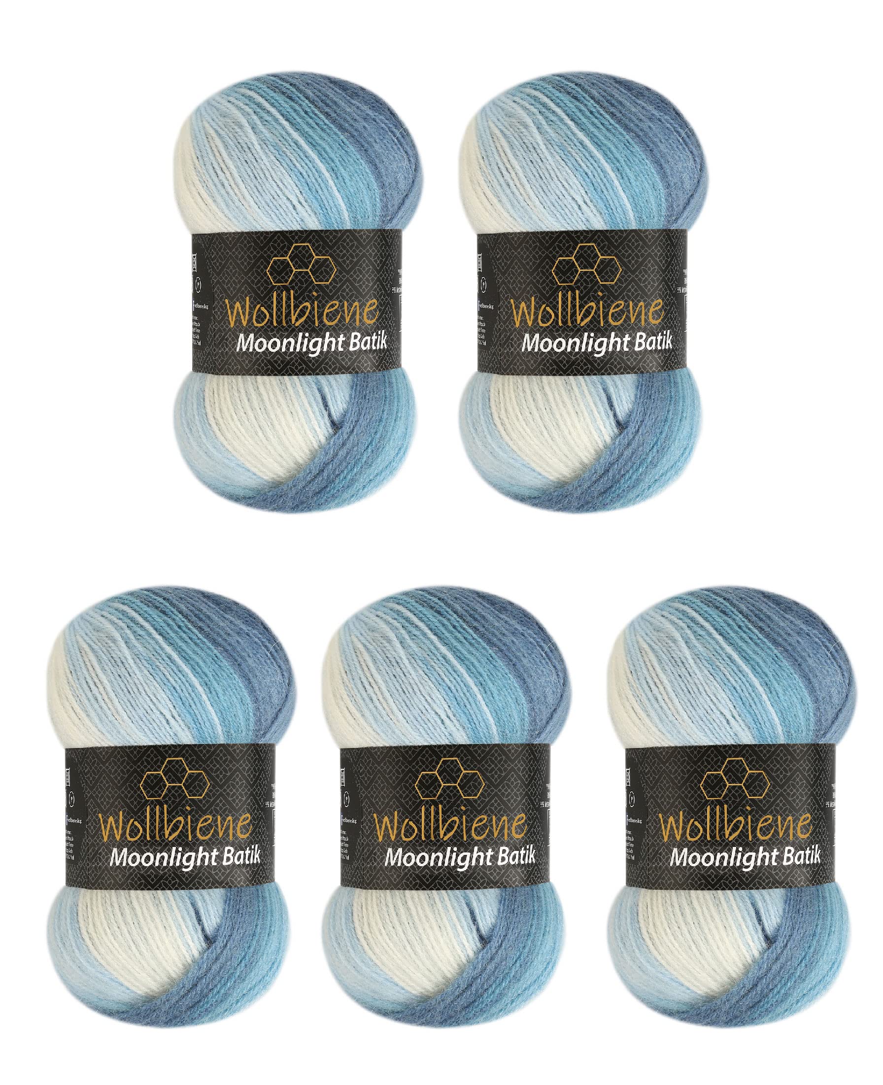 Wollbiene Moonlight Batik, 5 x 100g Gradient Knitting Wool, 500g for Crocheting, 20% Turkish Wool, Blue-White Gradient — image 1