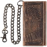 F&L CLASSIC RFID Blocking Mens Tri-fold Long Style Cowhide Leather Steel Chain Wallet,brown eagle/flag,212-101