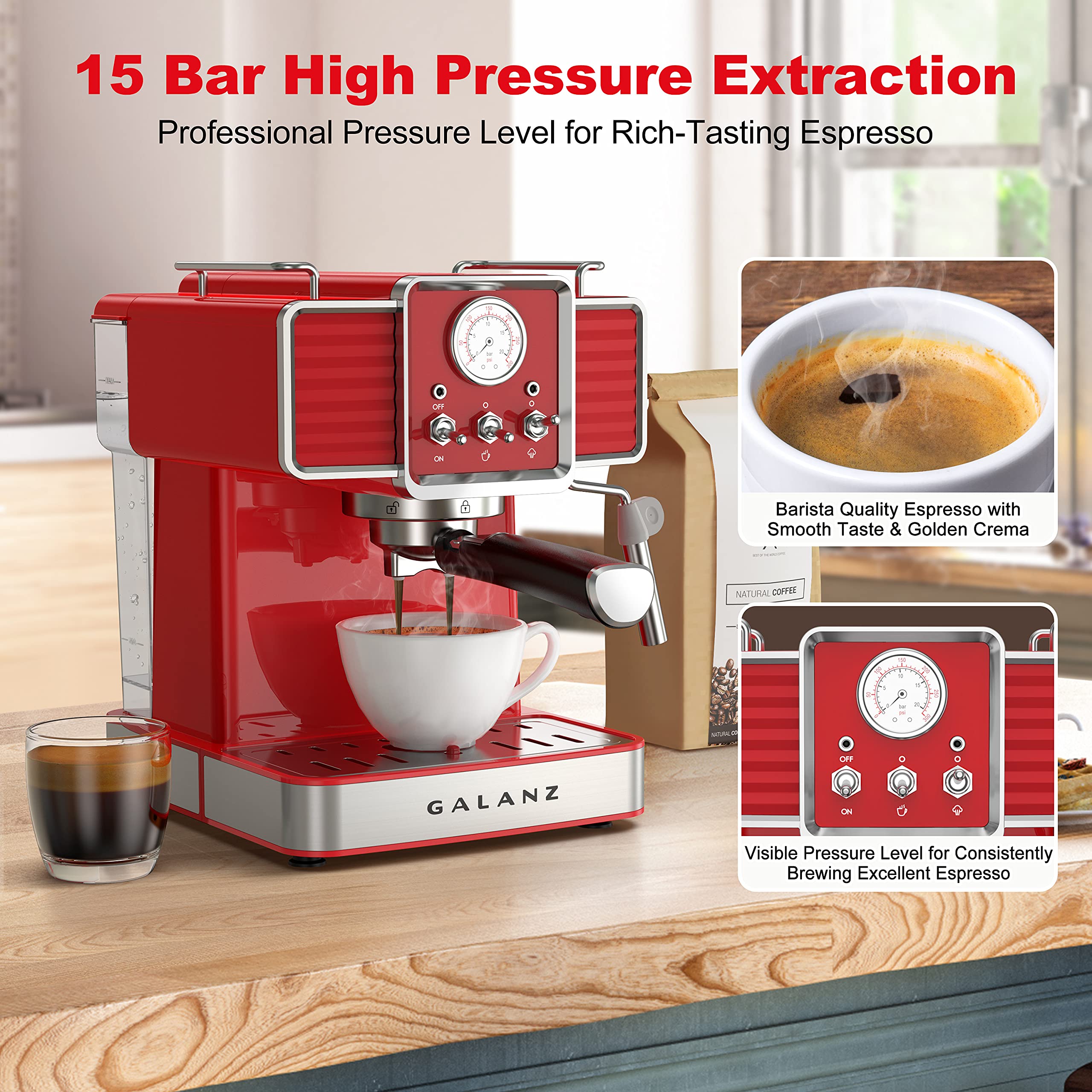 Galanz Retro Espresso Machine with Milk Frother, 15 Bar Pump, Retro Red, 1350 W & Retro Electric Kettle with Heat Resistant Handle and Cordless Pour, 1.7 L, Red