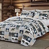 UMCHORD Cabin Quilt Sets Queen, Christmas Patchwork Rustic Lodge Deer Quilt Bedding Set, All Season Lightweight Reversible Bedspread Coverlet with 2 Pillow Shams (Green)
