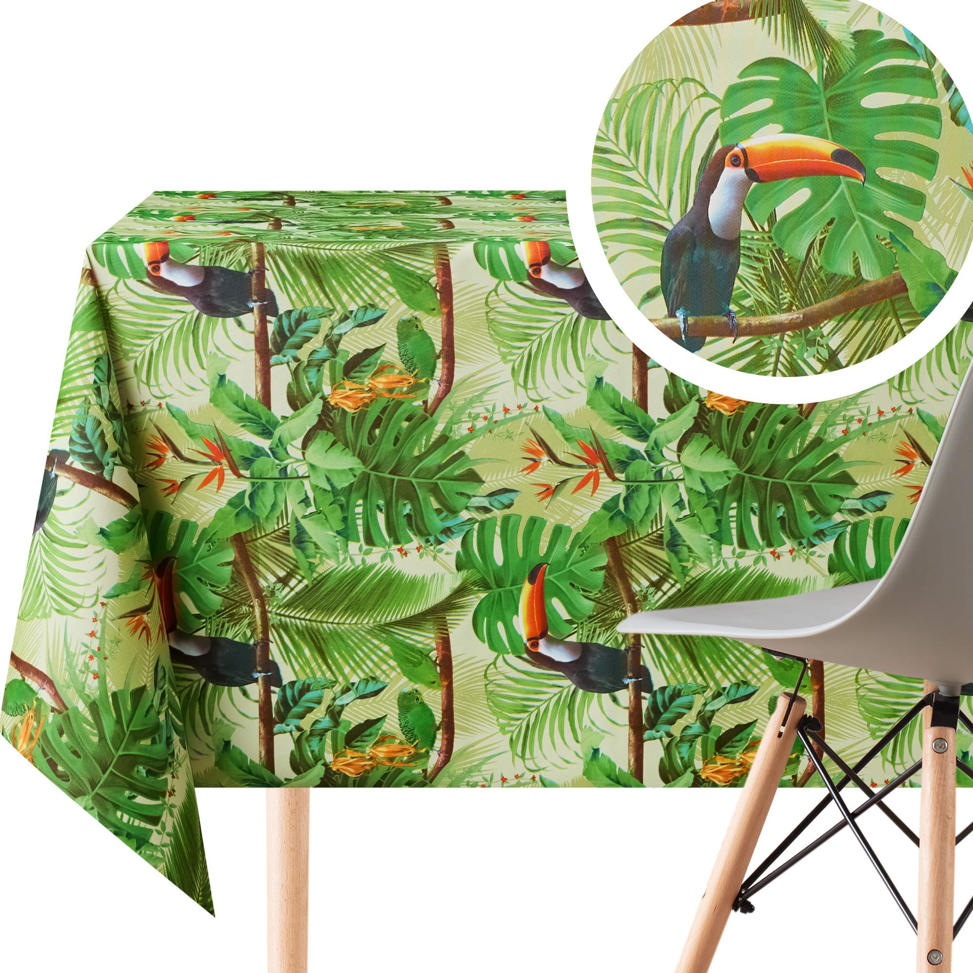 KP HOME Textil Feel Tropical Jungle PVC Wipe Clean Table Cloth Rectangular 250x140 cm | 98x55 In - 8 Seats Wipeable Tablecloth - Waterproof Vinyl Oilcloth With Toucan Birds And Green Palm Leaves